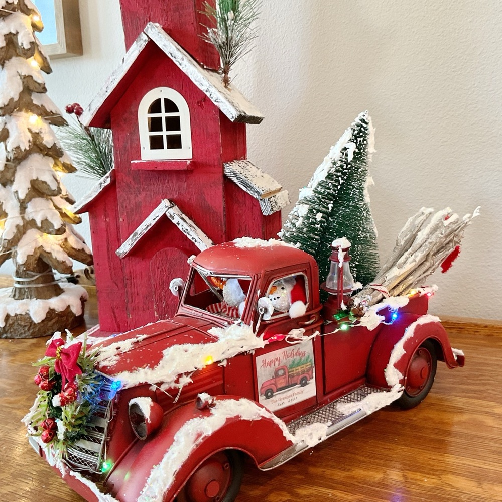 Vintage Red Holiday Truck with Festive Lights